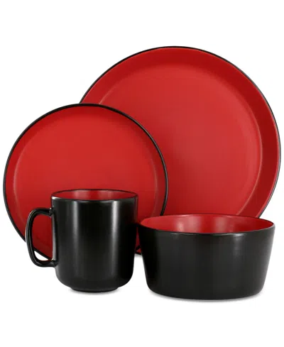 Elama Bacarra 16 Piece Stoneware Dinnerware Set In Two Tone Black And Red In Black