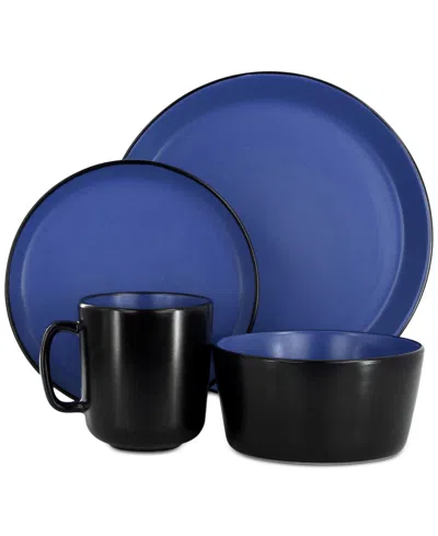 Elama Bacarra 16 Piece Stoneware Dinnerware Set In Two Tone Black And Blue In Blue