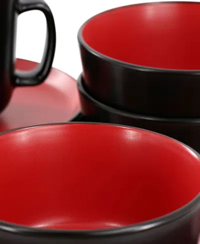 Elama Bacarra 16 Piece Stoneware Dinnerware Set In Two Tone Black And Red In Black
