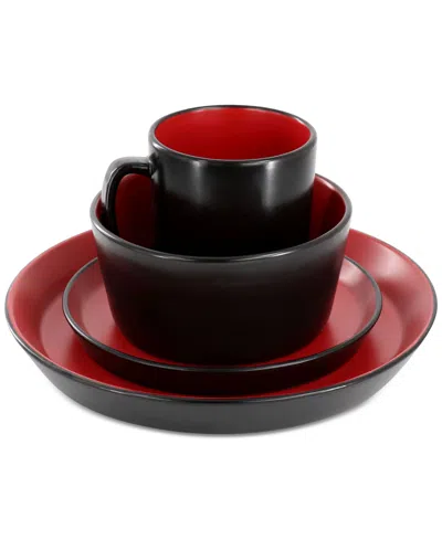 Elama Bacarra 16 Piece Stoneware Dinnerware Set In Two Tone Black And Red In Black
