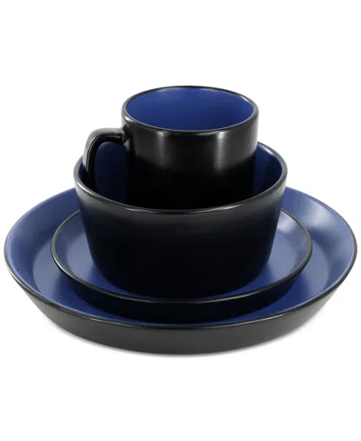 Elama Bacarra 16 Piece Stoneware Dinnerware Set In Two Tone Black And Blue In Blue