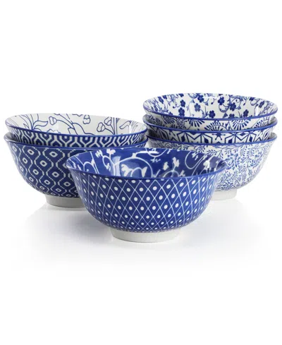 Elama Moxy 6 Piece Assorted Design 20oz Porcelain Footed Bowl Set In Blue
