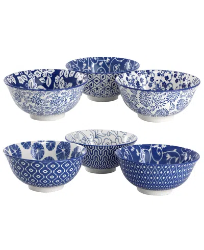 Elama Moxy 6 Piece Assorted Design 20oz Porcelain Footed Bowl Set In Blue