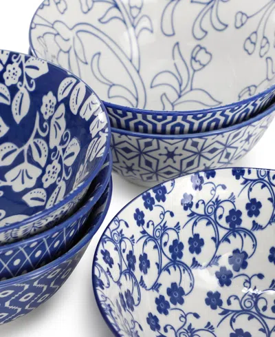 Elama Moxy 6 Piece Assorted Design 20oz Porcelain Footed Bowl Set In Blue