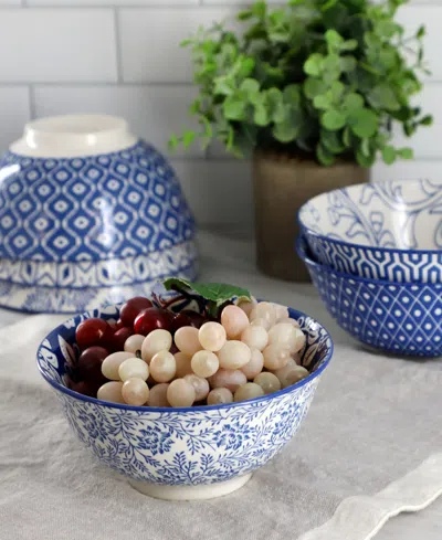 Elama Moxy 6 Piece Assorted Design 20oz Porcelain Footed Bowl Set In Blue