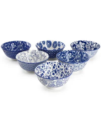 Elama Moxy 6 Piece Assorted Design 20oz Porcelain Footed Bowl Set In Blue