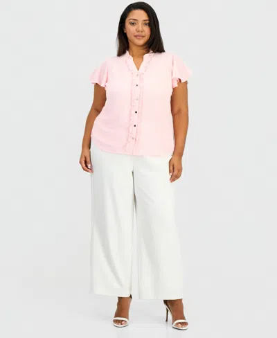 Anne Klein Essentials Plus Size Ruffled Button-front Top In Pink
