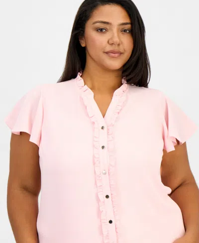 Anne Klein Essentials Plus Size Ruffled Button-front Top In Pink