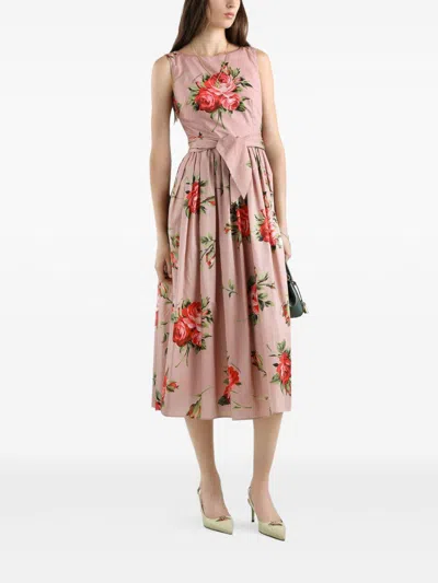 Dolce & Gabbana Abito Midi In Cotone Rosa Con Stampa Fiori Dolce E Gabbana In Pink