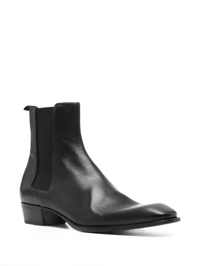 Saint Laurent Leather Chelsea Stanton Ankle Boots Low Heel In Black