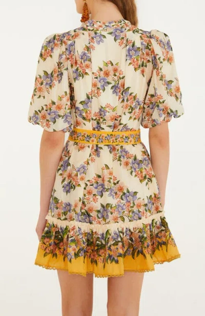 Farm Rio Sand Hilo Belted Short-sleeve Mini Dress In Neutral