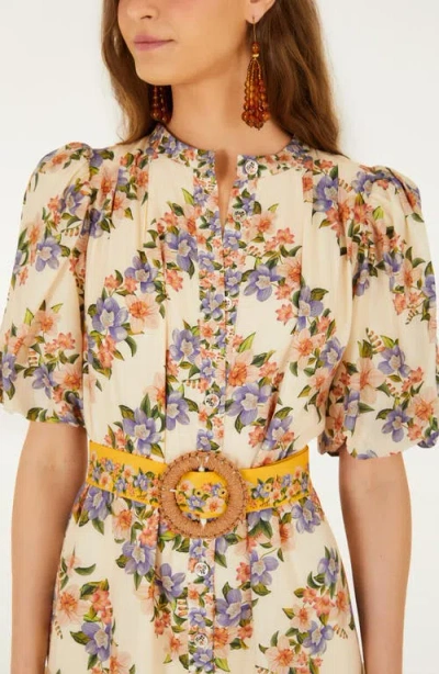Farm Rio Sand Hilo Belted Short-sleeve Mini Dress In Neutral