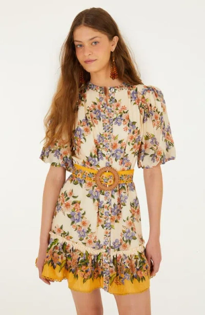 Farm Rio Sand Hilo Belted Short-sleeve Mini Dress In Neutral