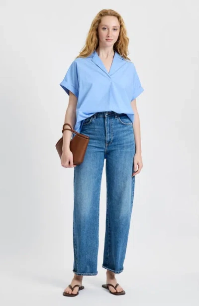 French Connection Poplin Collar Short Sleeve Pullover Top In Blue