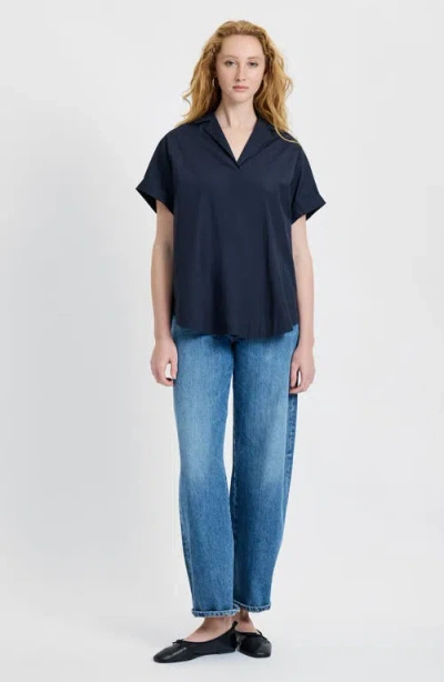 French Connection Poplin Collar Short Sleeve Pullover Top In Blue
