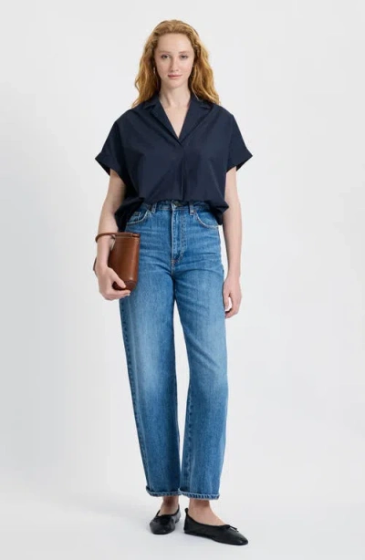 French Connection Poplin Collar Short Sleeve Pullover Top In Blue