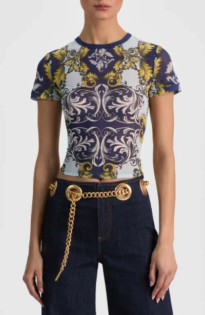 Alice And Olivia Tess Mesh Tee Antique Scroll In Blue