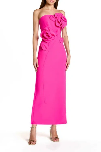 Mac Duggal Crepe Strapless Midi Dress With 3d Flower Detail In Pink