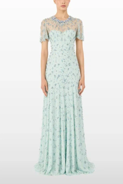 Jenny Packham Beaded Short Sleeve Maxi Dress In Blue