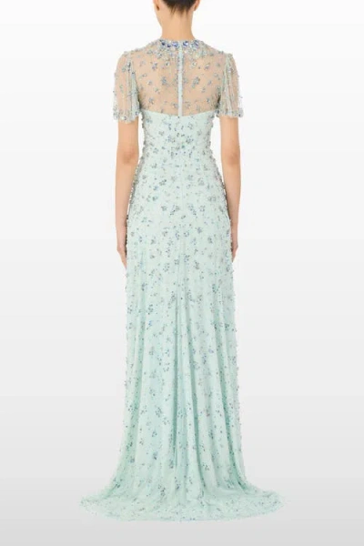 Jenny Packham Beaded Short Sleeve Maxi Dress In Blue