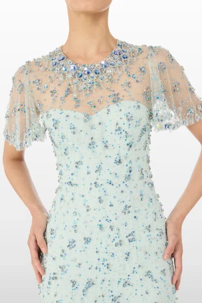 Jenny Packham Beaded Short Sleeve Maxi Dress In Blue