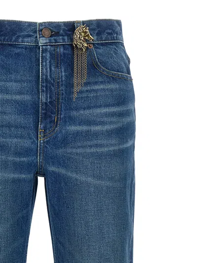 Chloé Women Blue Jeans With Wide Leg And Pendant Charm On The Front In Denim Woman In Blue
