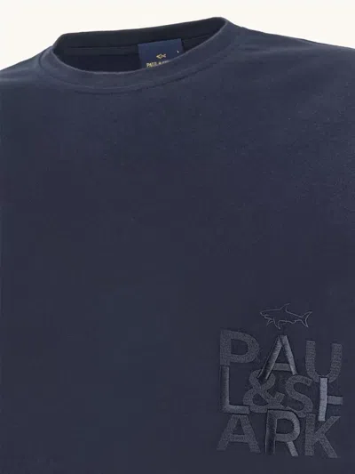 Paul & Shark Embroidered Cotton Jersey Crew Neck T Shirt In Blue