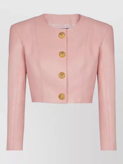 Balmain Women Long Sleeves Buttoned Lambskin Cropped Jacket In Pink