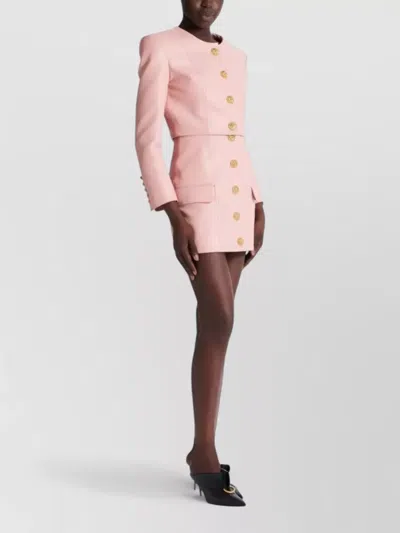 Balmain Women Long Sleeves Buttoned Lambskin Cropped Jacket In Pink