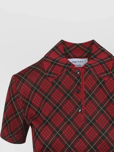 Alexander Mcqueen Microcheck Polo Shirt Lurex Collar Detail In Red