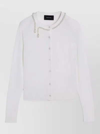 Simone Rocha Merino Silk Cardigan With Embroidered Pearl Neckline In White