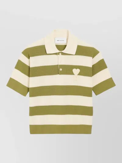 Ami Alexandre Mattiussi Ami Paris Ami De Coeur Striped Cotton Knit Polo Shirt In Brown