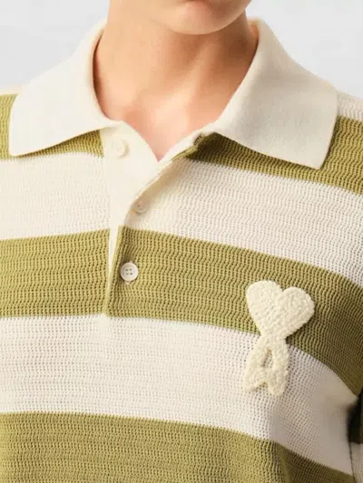 Ami Alexandre Mattiussi Ami Paris Ami De Coeur Striped Cotton Knit Polo Shirt In Brown