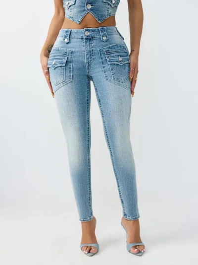 True Religion Women's Jennie Mid Rise Retro Pocket Flap Curvy Skinny Jean In Blue