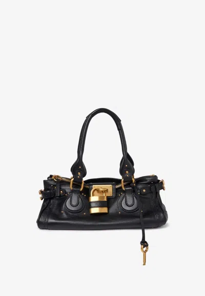 Chloé Paddington Black Shoulder Bag With Oversized Padlock And C-shaped Buckles In Grainy Leather Woman In Black