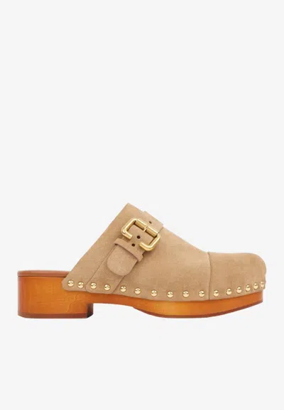 Chloé Jeannette Buckle Detailed Studded Clogs In Neutral