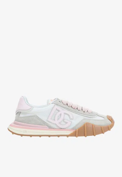 Dolce & Gabbana Dg Athletic Sneakers In Ivory And Pink Fabric And Leather In Multi