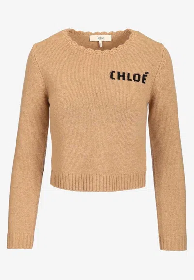 Chloé Scalloped Wool And Cashmere Blend Sweater In Neutral
