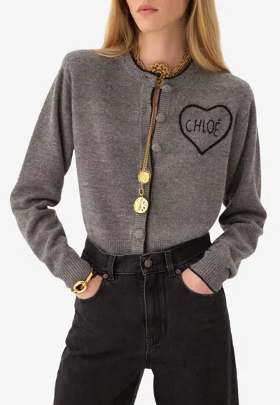 Chloé Fitted Cardigan With Logo In Wool And Cashmere Knit In Gray