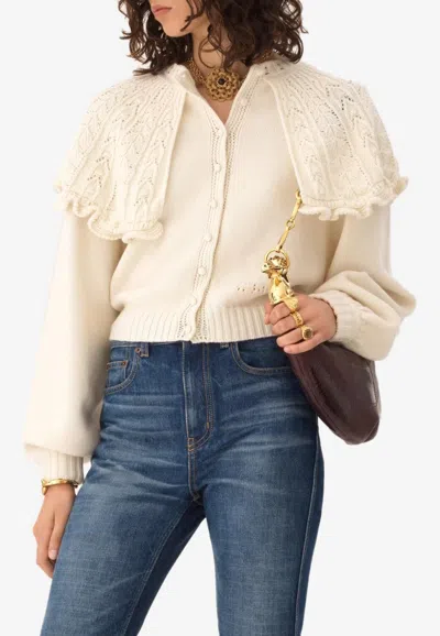 Chloé Cropped Ruffled Pointelle-knit Wool And Cashmere-blend Cardigan In Neutral