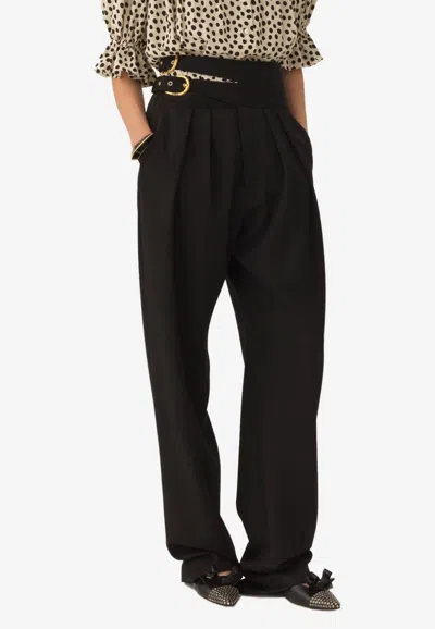 Chloé Buckle Keyhole High Waist Wool Straight Leg Pants In Black