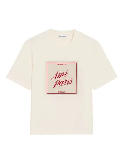 Ami Alexandre Mattiussi Boxy Fit Short Sleeves Teehisrt With Signature Print At Front In Neutral