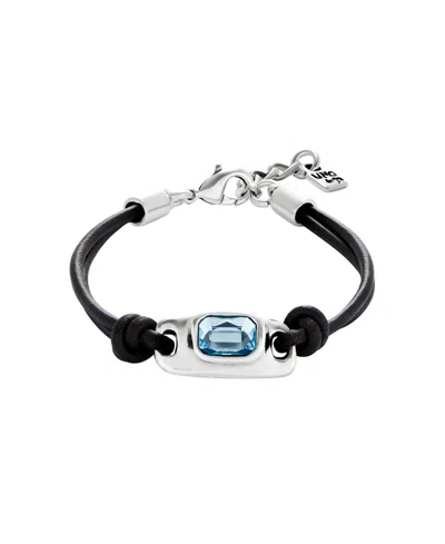 Unode50 Bracelet Leather And Metal Alloy Plated Sterling Silver With Blue Faceted Glass In Black