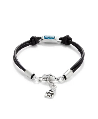 Unode50 Bracelet Leather And Metal Alloy Plated Sterling Silver With Blue Faceted Glass In Black