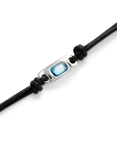 Unode50 Bracelet Leather And Metal Alloy Plated Sterling Silver With Blue Faceted Glass In Black