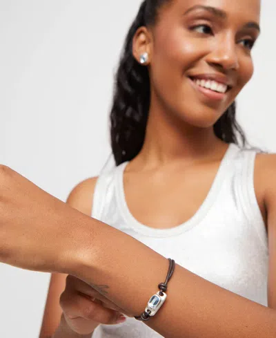 Unode50 Bracelet Leather And Metal Alloy Plated Sterling Silver With Blue Faceted Glass In Black