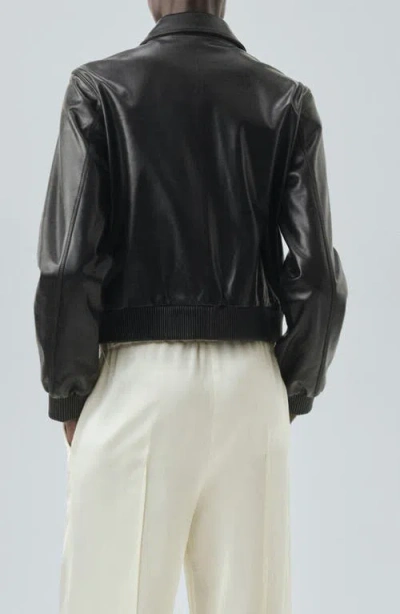 Mango Selection Leather Bomber Jacket In Black