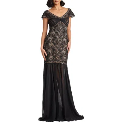 Tadashi Shoji Off The Shoulder Mixed Media Lace Gown In Black