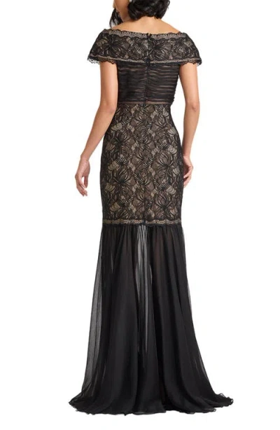 Tadashi Shoji Off The Shoulder Mixed Media Lace Gown In Black
