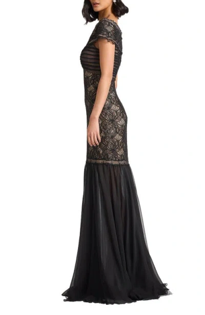Tadashi Shoji Off The Shoulder Mixed Media Lace Gown In Black